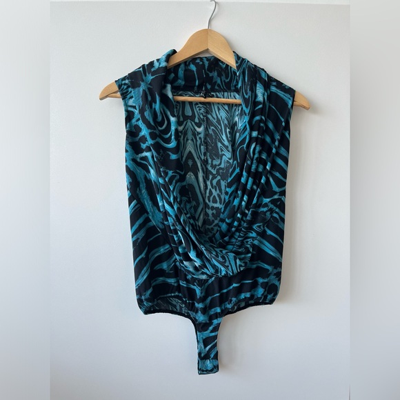 Guess By Marciano - Black and Blue Sleeveless Draped Bodysuit - Picture 1 of 2